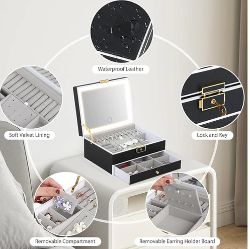 Joyero Organizador de 2 Niveles con Espejo Led Tactil
