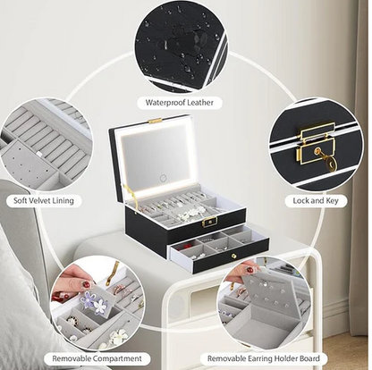 Joyero Organizador de 2 Niveles con Espejo Led Tactil