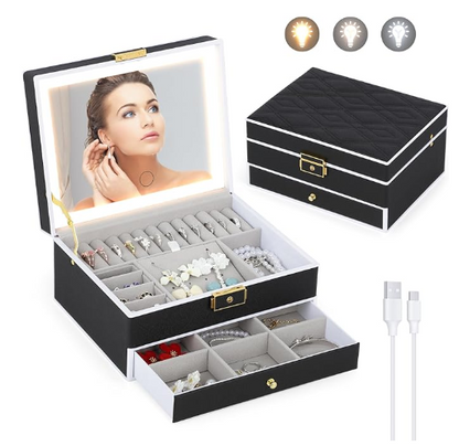 Joyero Organizador de 2 Niveles con Espejo Led Tactil