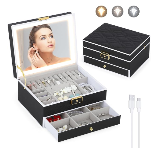 Joyero Organizador de 2 Niveles con Espejo Led Tactil